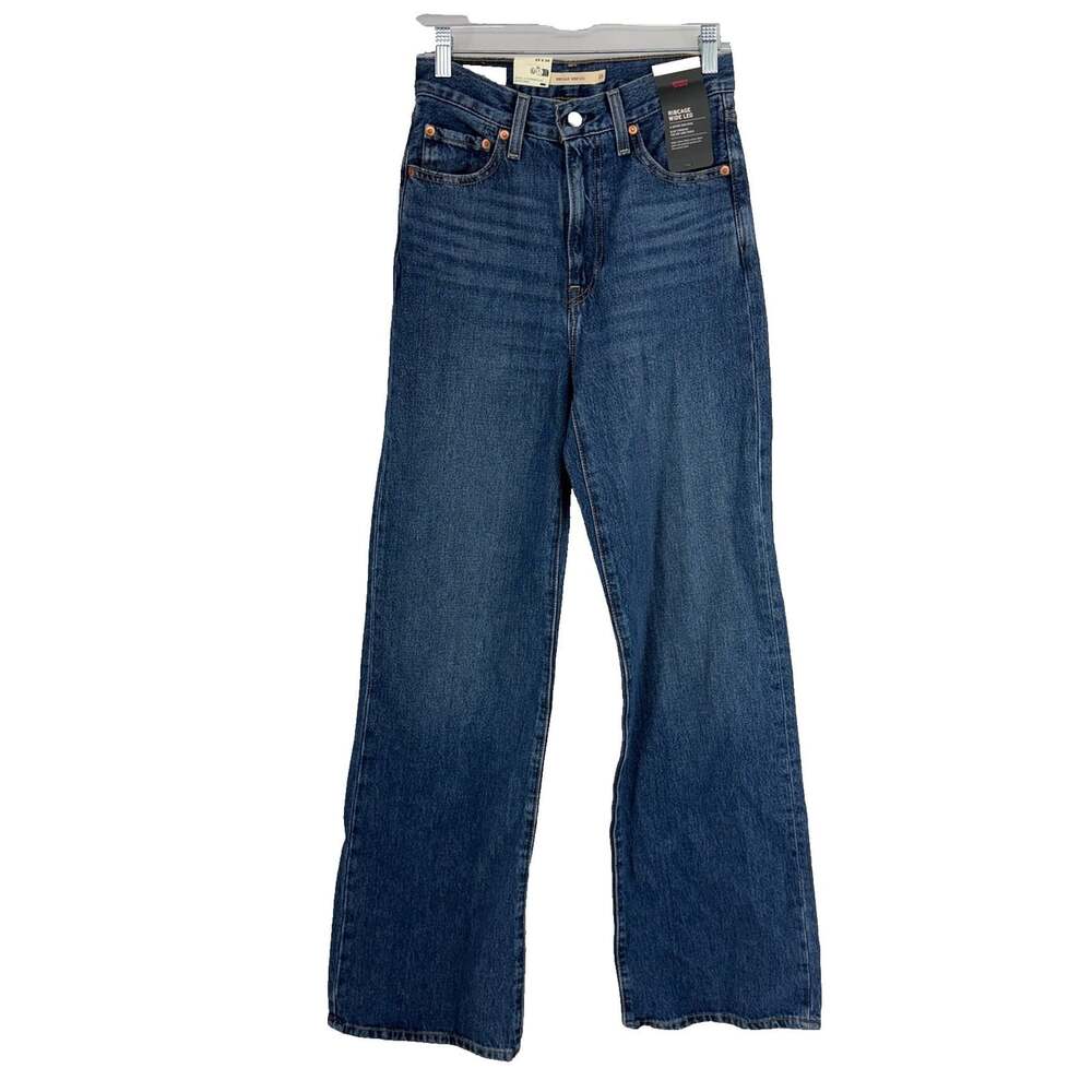 Levis Women 25 Ribcage Wide Leg Jeans High Rise Medium Wash Denim Casual NEW
